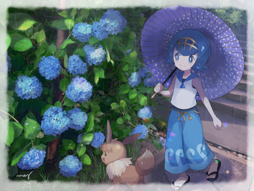 1girl, blue_eyes, blue_hair, blue_pants, blue_umbrella, eevee, flower, gen_1_pokemon
