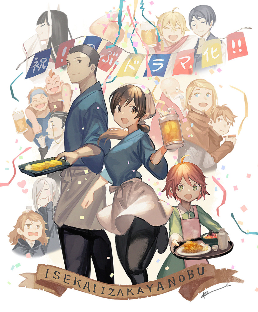 4girls, 6+boys, :3, ahoge, alcohol, animal_ears, announcement_celebration, apron