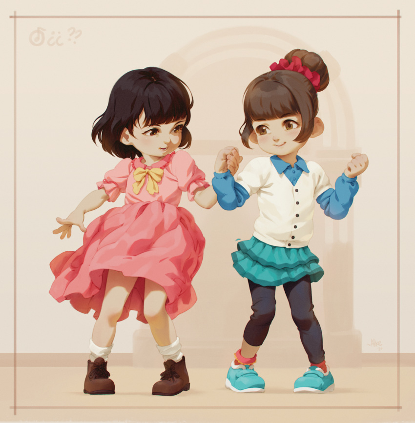 2girls, alkemanubis, bangs, betty_(ff7), blue_shirt, brown_eyes, brown_hair, dancing, dress, final_fantasy, final_fantasy_vii, final_fantasy_vii_remake, frilled_skirt, frills, full_body, highres, holding_hands, looking_at_another, marlene_wallace, multiple_girls, pants, pants_under_skirt, pink_dress, shirt, short_hair, simple_background, skirt, smile