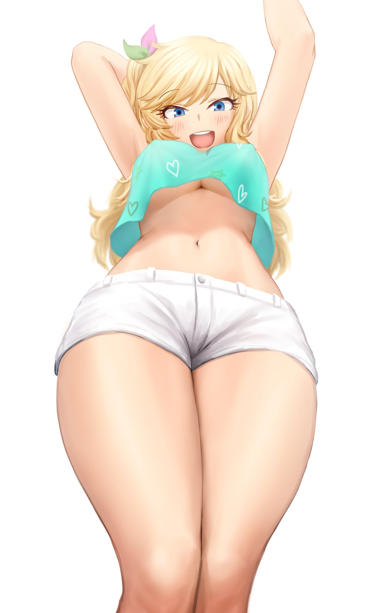 1girl, :d, arms_up, bare_legs, blonde_hair, blue_eyes, blush, breasts