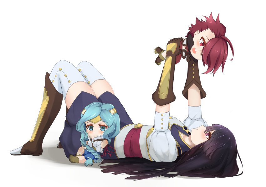 arms_up, black_hair, blue_eyes, blue_hair, boots, brown_footwear, chibi, closed_mouth