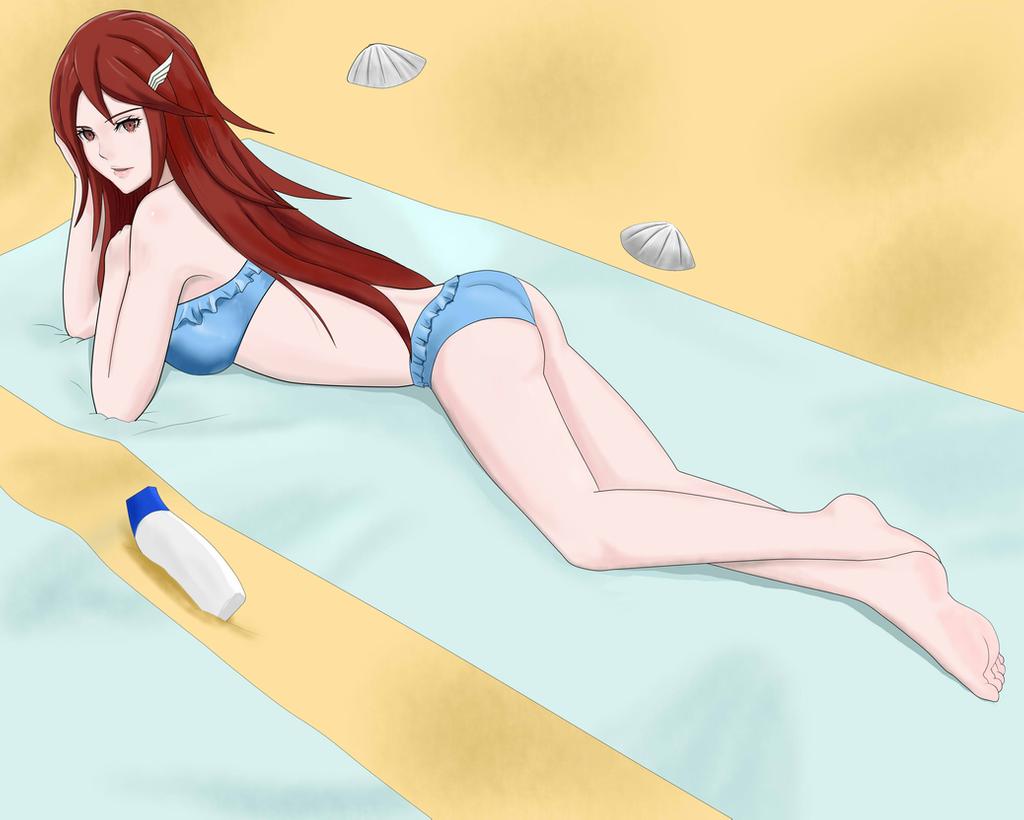 1girl, ass, barefoot, beach, beach_towel, bikini, bikini_skirt, blue_bikini