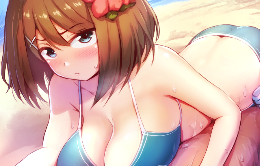 1girl, ass, beach, bikini, blue_bikini, blue_eyes, breasts, brown_hair