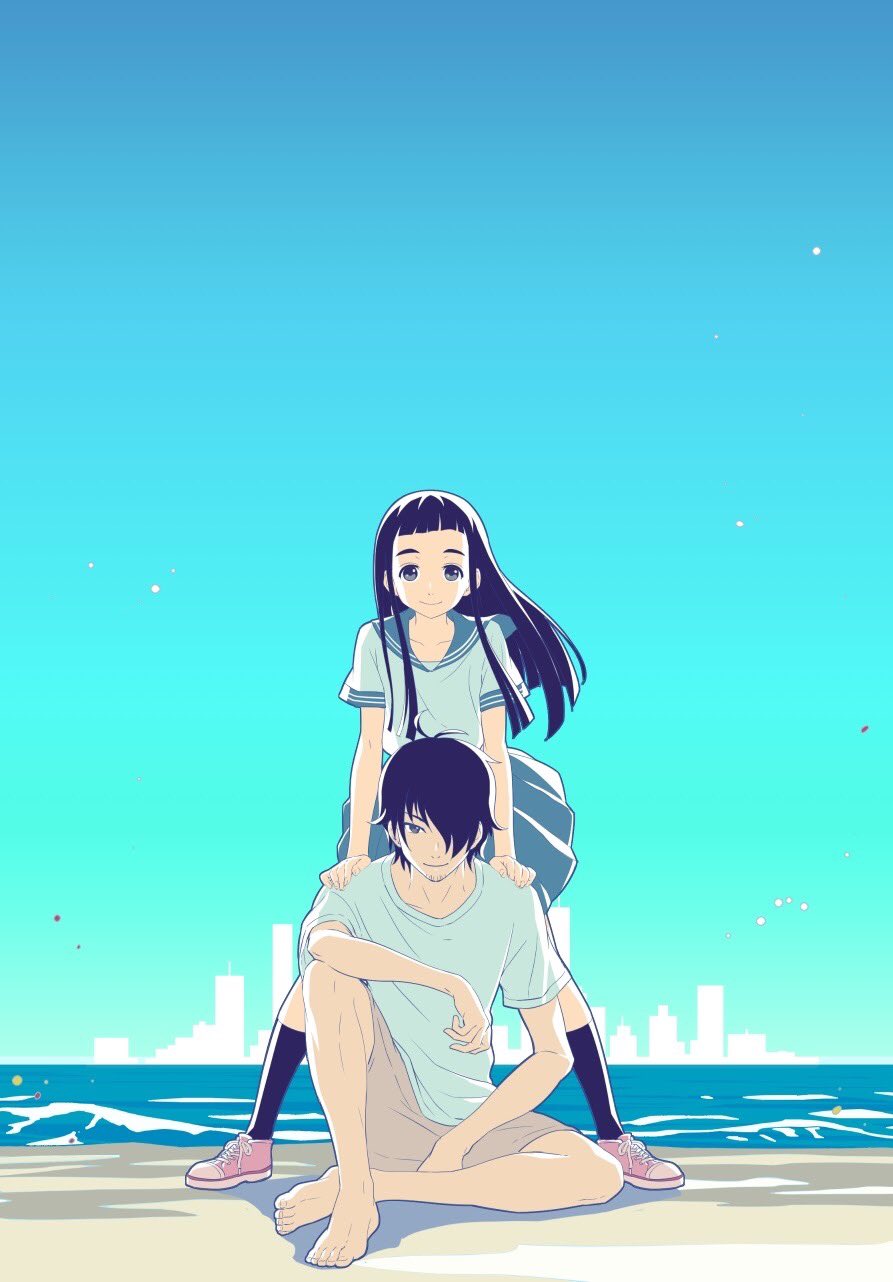 1boy, 1girl, beach, black_hair, blue_sailor_collar, blue_skirt, blue_sky, cityscape