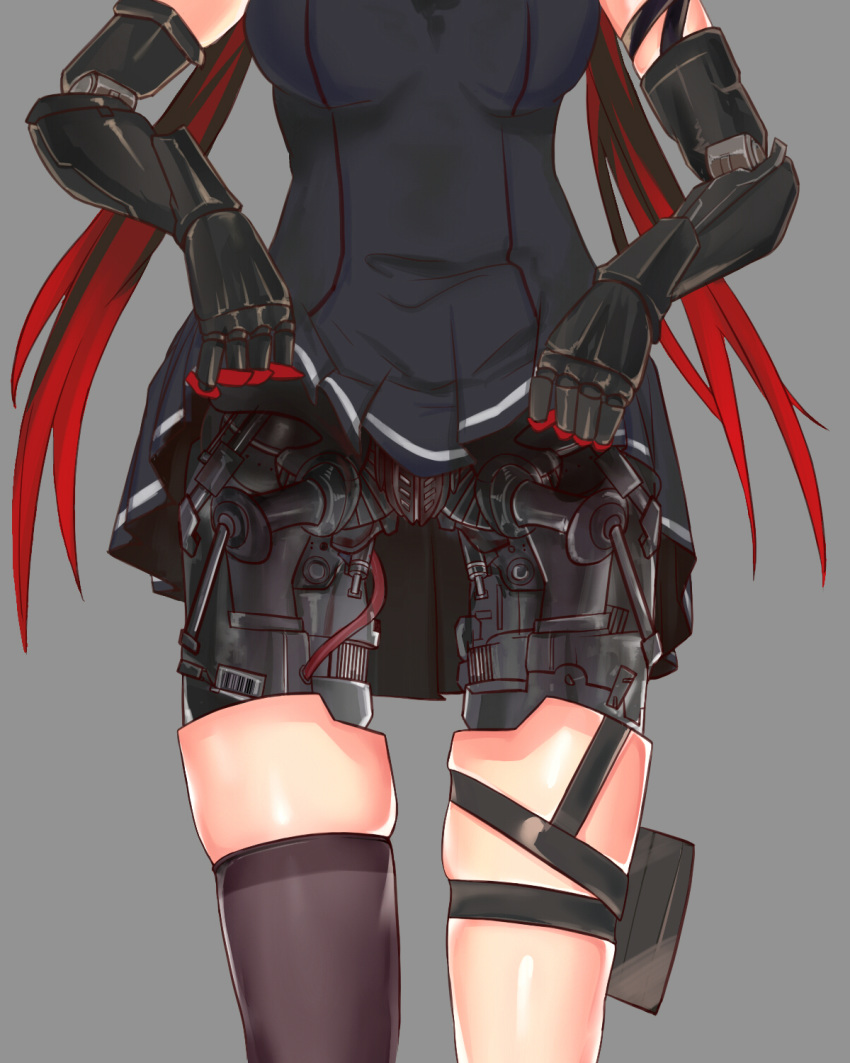 1girl, batiao_zhai, black_hair, black_legwear, black_skirt, breasts, grey_background, head_out_of_frame, highres, lucia_(punishing:_gray_raven), mechanical_arms, mechanical_legs, mechanical_parts, medium_breasts, multicolored_hair, punishing:_gray_raven, redhead, self_exposure, single_thighhigh, skindentation, skirt, solo_focus, thigh-highs, thigh_pouch, thigh_strap, thighs, wiring