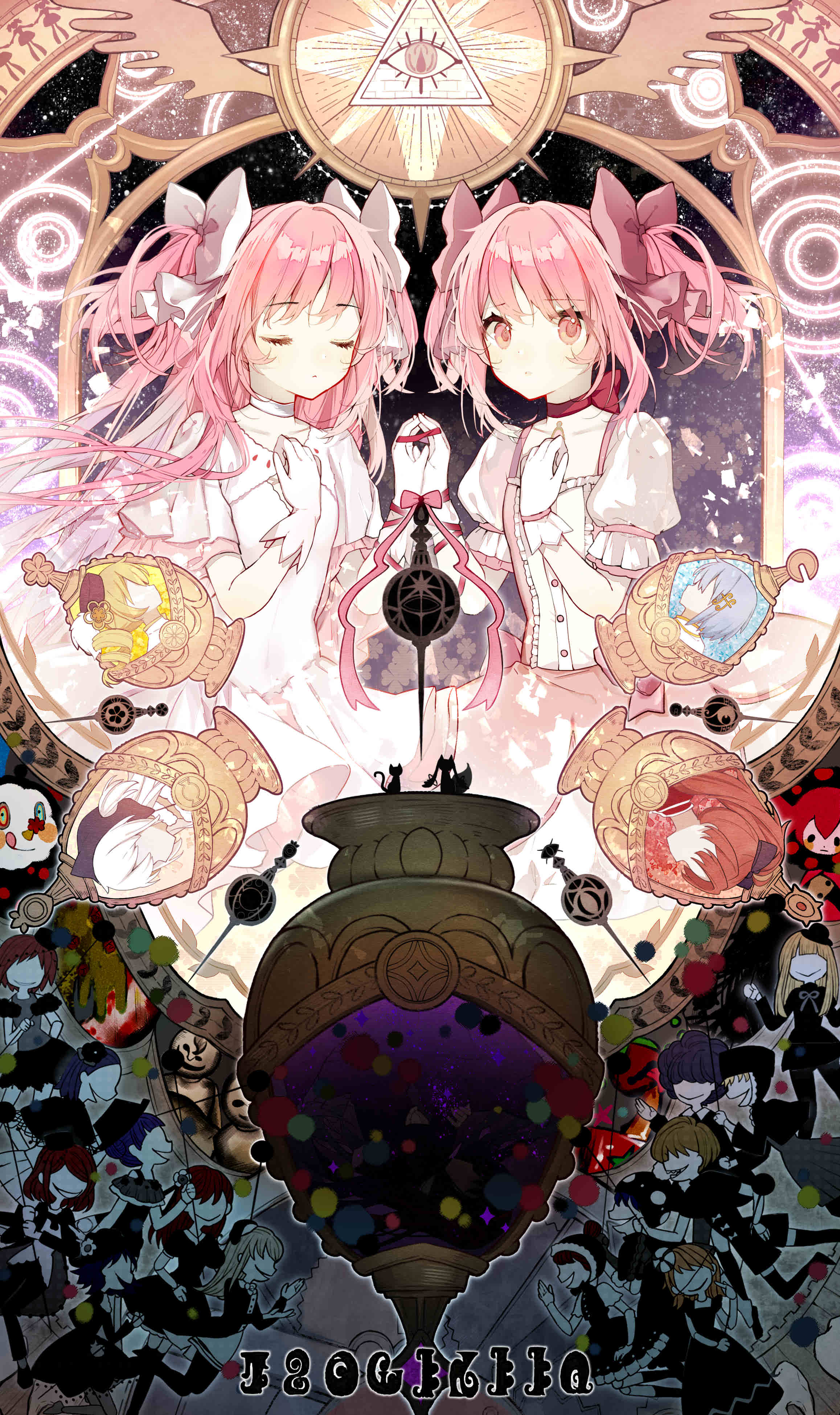6+girls, absurdres, akemi_homura, amy_(madoka_magica), animal, beanie, beret, black_dress, black_hair, black_headwear, black_ribbon, blonde_hair, blue_hair, bound, cat, charlotte_(madoka_magica), choker, circle, clara_dolls_(madoka_magica), closed_eyes, closed_mouth, collarbone, colorful, commentary_request, corruption, creature, cutout, dark_background, dress, drill_hair, dual_persona, evil_smile, expressionless, eyebrows_visible_through_hair, eyelashes, eyes_visible_through_hair, face, familiar_(madoka_magica), fingers_together, flat_chest, floating_hair, floral_background, fortissimo, fortissimo_hair_ornament, frilled_sleeves, frills, funeral_dress, furrowed_eyebrows, gloves, glowing, goddess_madoka, gradient, gradient_background, grief_seed, hair_between_eyes, hair_ornament, hair_ribbon, hairclip, hand_on_own_chest, hand_up, hands_together, hat, high_collar, high_ponytail, highres, homulilly, in_container, kakami_(pixiv7616827), kaname_madoka, kyubey, light_particles, light_rays, long_dress, long_hair, looking_at_viewer, madoka_runes, magic_circle, mahou_shoujo_madoka_magica, mahou_shoujo_madoka_magica_movie, miki_sayaka, momoe_nagisa, multiple_girls, night, night_sky, no_eyes, no_mouth, no_nose, octagram, pale_skin, parted_lips, pink_eyes, pink_hair, pink_ribbon, pink_theme, polka_dot, pom_pom_(clothes), ponytail, profile, puffy_short_sleeves, puffy_sleeves, red_background, red_choker, red_neckwear, redhead, ribbon, ribbon_choker, sakura_kyouko, shiny, shiny_hair, short_hair, short_sleeves, side-by-side, sidelocks, silhouette, single_eye, sky, smile, soul_gem, sparkle_background, star_(sky), starry_background, starry_sky, submerged, tied_up, tomoe_mami, triangle, twin_drills, twintails, two_side_up, upper_body, very_long_hair, white_background, white_choker, white_dress, white_gloves, white_hair, white_neckwear, white_ribbon, wide_sleeves, wings, witch_(madoka_magica), worried, yellow_background