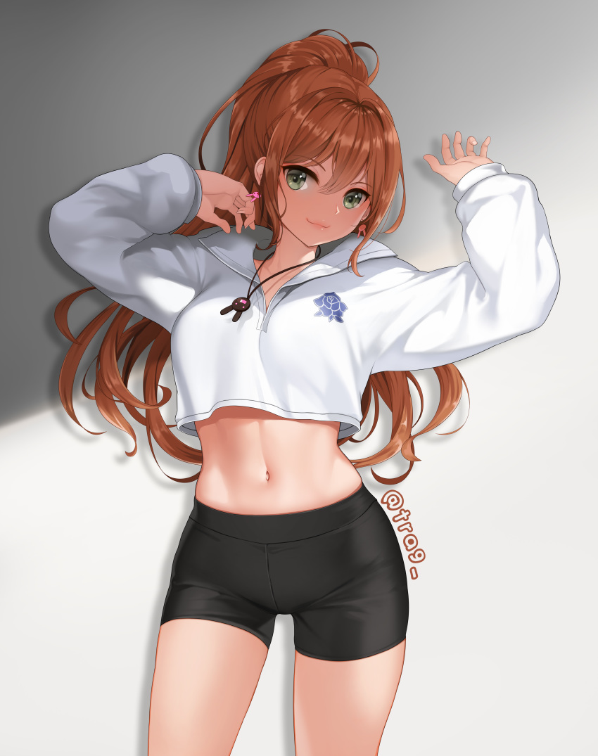 1girl, :3, absurdres, bang_dream!, bangs, bike_shorts, blush, breasts