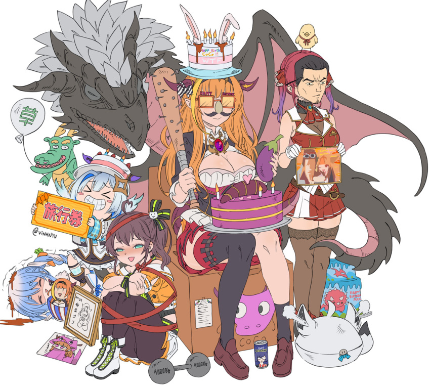 5girls, amane_kanata, animal_ears, ascot, asymmetrical_legwear, balloon, bat, birthday