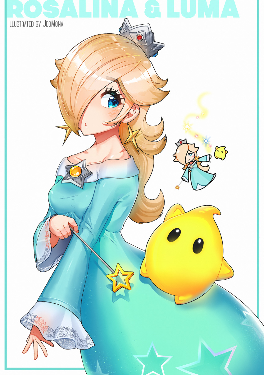 1girl, absurdres, aqua_dress, aqua_eyes, blonde_hair, blue_dress, blue_eyes, blush, chibi, crown, dress, earrings, eyebrows, highres, jeomona, jewelry, light_blue_dress, long_hair, long_sleeves, luma_(mario), super_mario_bros., rosalina, sphere_earrings, star_(symbol), star_earrings, star_ornament, super_smash_bros., umbrella, wand, yellow_earrings
