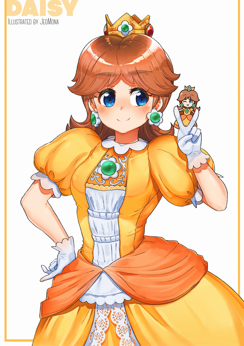 1girl, absurdres, blue_eyes, blush, brown_hair, chibi, crown, dress, earrings, eyebrows, flower_earrings, flower_ornament, gloves, green_earrings, highres, jeomona, jewelry, super_mario_bros., orange_dress, princess_daisy, puffy_sleeves, sphere_earrings, super_smash_bros., umbrella
