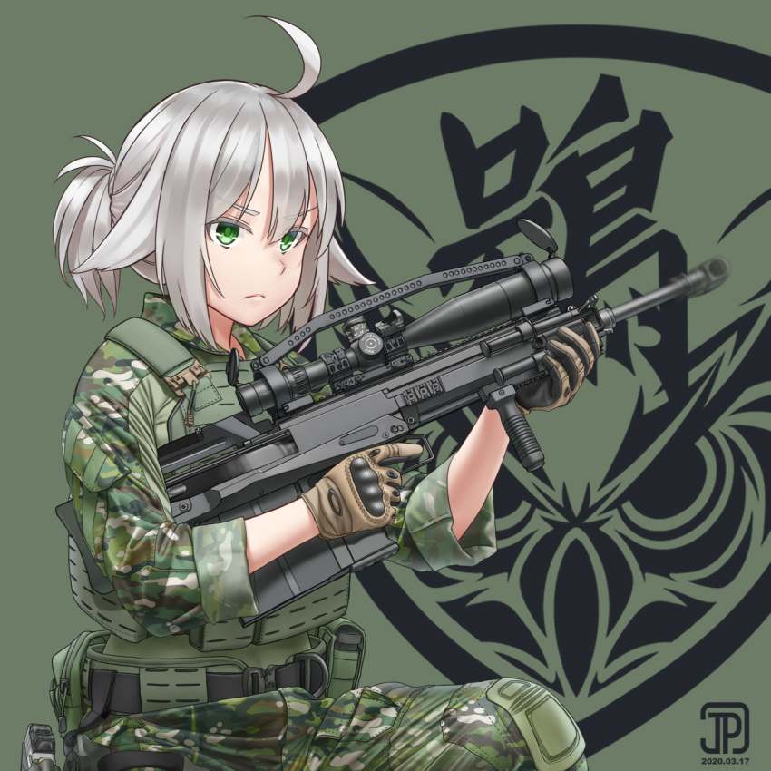 1girl, ahoge, anti-materiel_rifle, bipod, bulletproof_vest, camouflage, gepard_gm6_lynx, gloves