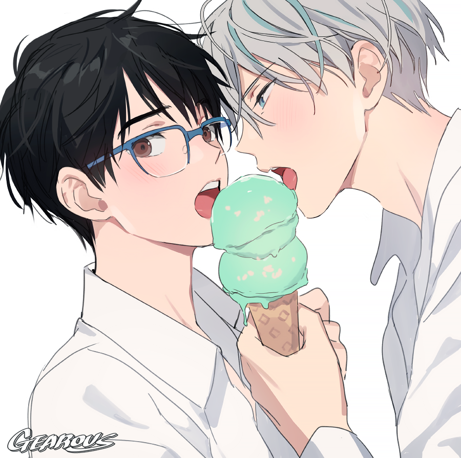 2boys, black_hair, blue-framed_eyewear, blue_eyes, blush, brown_eyes, close-up, collared_shirt, commentary, dessert, dress_shirt, eyebrows_visible_through_hair, face, face-to-face, food, gearous, glasses, grey_hair, half-closed_eyes, holding, holding_food, ice_cream, ice_cream_cone, katsuki_yuuri, leaning, leaning_forward, long_sleeves, looking_at_another, looking_at_viewer, looking_to_the_side, male_focus, melting, multiple_boys, open_collar, open_mouth, profile, semi-rimless_eyewear, shaded_face, sharing_food, shiny, shiny_hair, shirt, simple_background, sleeves_past_wrists, symbol_commentary, teeth, tongue, upper_body, upper_teeth, viktor_nikiforov, white_background, white_shirt, yaoi, yuri!!!_on_ice