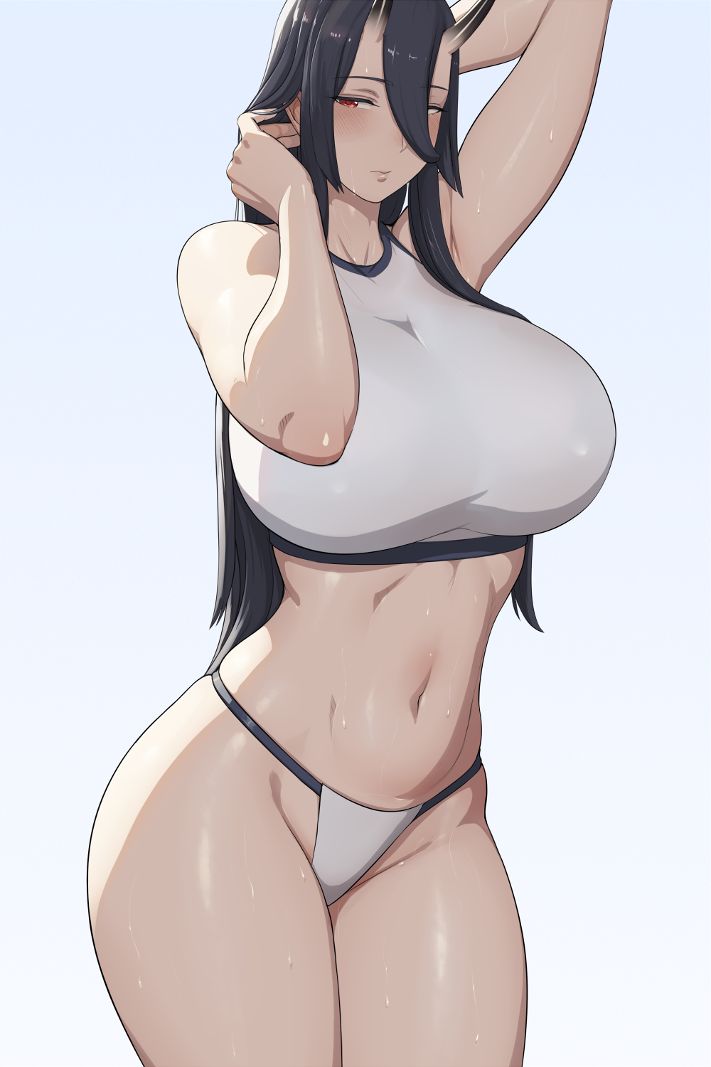 1girl, asahi_(lvl), bikini, black_hair, blue_background, blush, breasts, closed_mouth