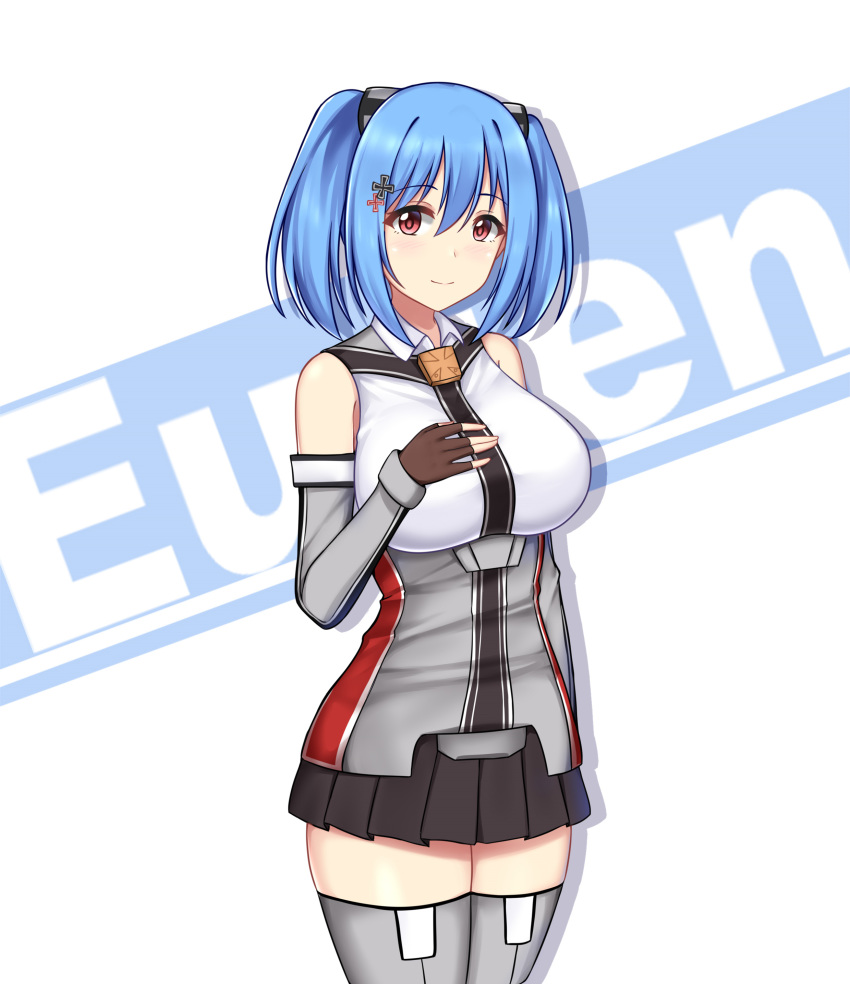 absurdres, blue_eyes, breasts, fingerless_gloves, gloves, grey_legwear, highres, large_breasts, painttool_sai_(medium), photoshop_(medium), prinz_eugen_(warship_girls_r), red_eyes, short_hair, smile, twintails, warship_girls_r, xiao_qi