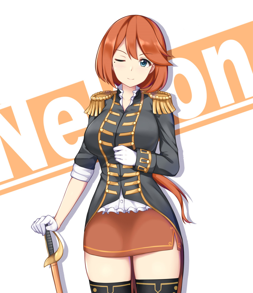 absurdres, black_footwear, blue_eyes, breasts, gloves, highres, large_breasts, long_hair, miniskirt, nelson_(warship_girls_r), one_eye_closed, orange_hair, painttool_sai_(medium), photoshop_(medium), ponytail, skirt, smile, warship_girls_r, white_gloves, xiao_qi