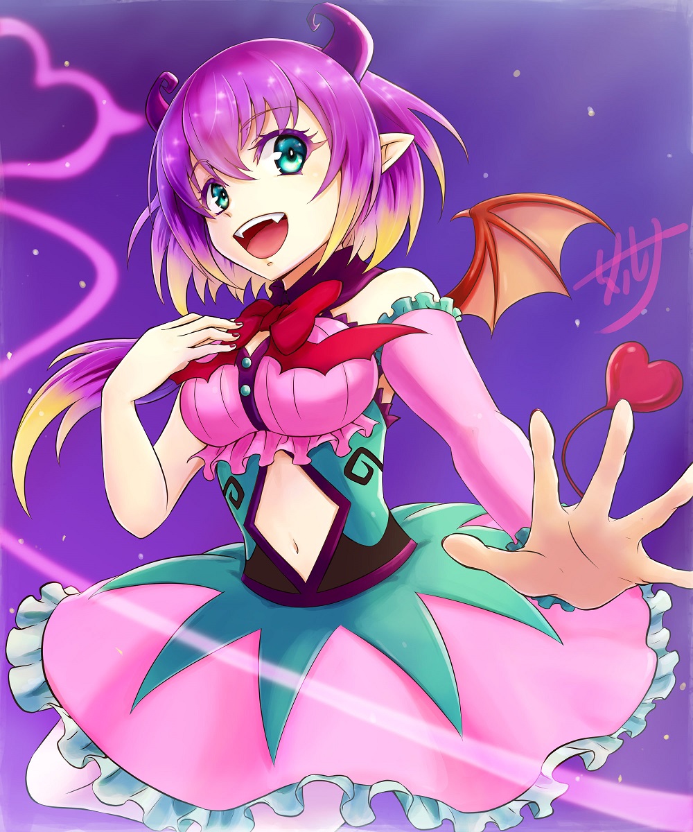 1girl, :d, breasts, commentary_request, costume, crocell_kerori, demon_girl, demon_tail, demon_wings, detached_sleeves, dress, eyebrows_visible_through_hair, fangs, frilled_dress, frills, from_below, hair_between_eyes, heart, heart_tail, highres, horns, idol, large_breasts, looking_at_viewer, mairimashita!_iruma-kun, navel, navel_cutout, open_mouth, pink_dress, pink_sleeves, pointy_ears, purple_hair, short_hair, signature, single_detached_sleeve, skarameru, smile, solo, tail, wig, wings