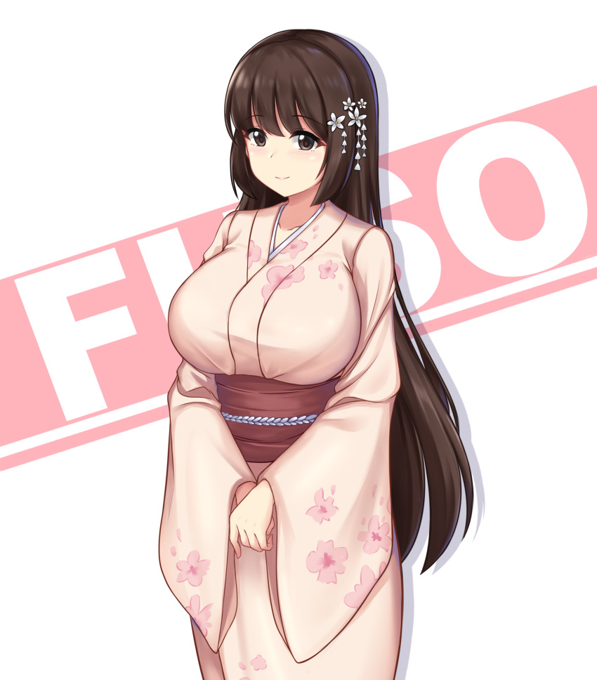 absurdres, black_eyes, black_hair, breasts, cherry_blossom_print, floral_print, fusou_(warship_girls_r), hair_ornament