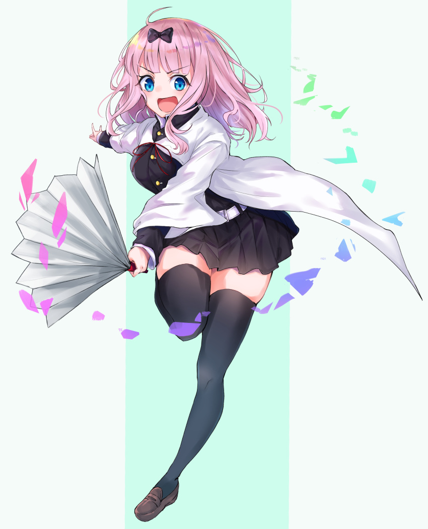 1girl, :d, absurdres, bangs, black_bow, black_legwear, black_skirt, blue_eyes