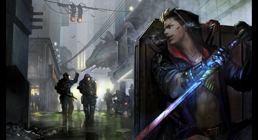 6+boys, abs, arm_up, bird, black_hoodie, blood, blood_on_face, brown_hair