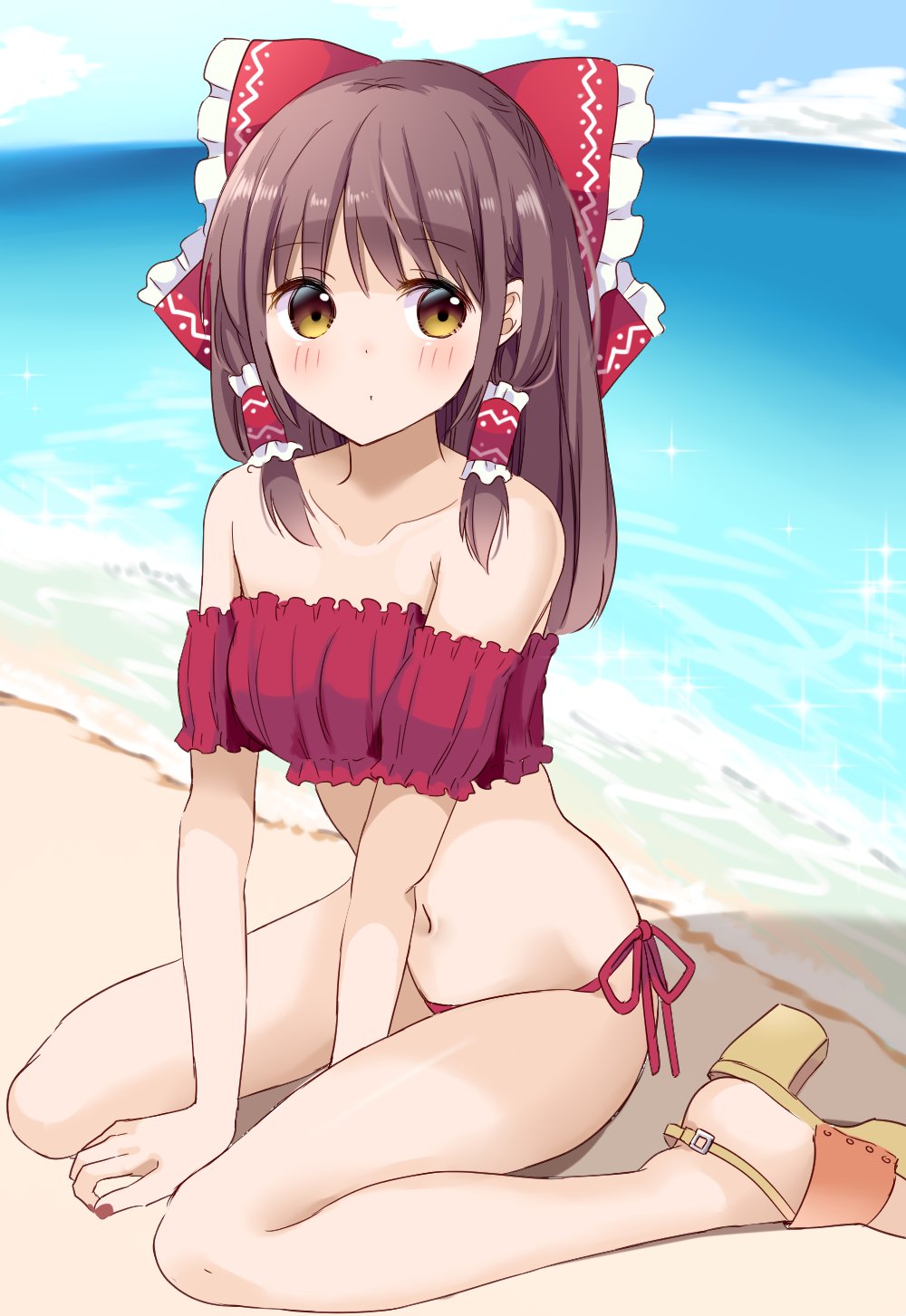 1girl, bangs, beach, bikini, blush, bow, brown_eyes, brown_hair, detached_sleeves, frilled_bow, frills, hair_bow, hair_ornament, hair_tubes, hakurei_reimu, high_heels, highres, long_hair, navel, ocean, outdoors, red_bikini, red_bow, side-tie_bikini, sidelocks, solo, stigma1101, swimsuit, touhou