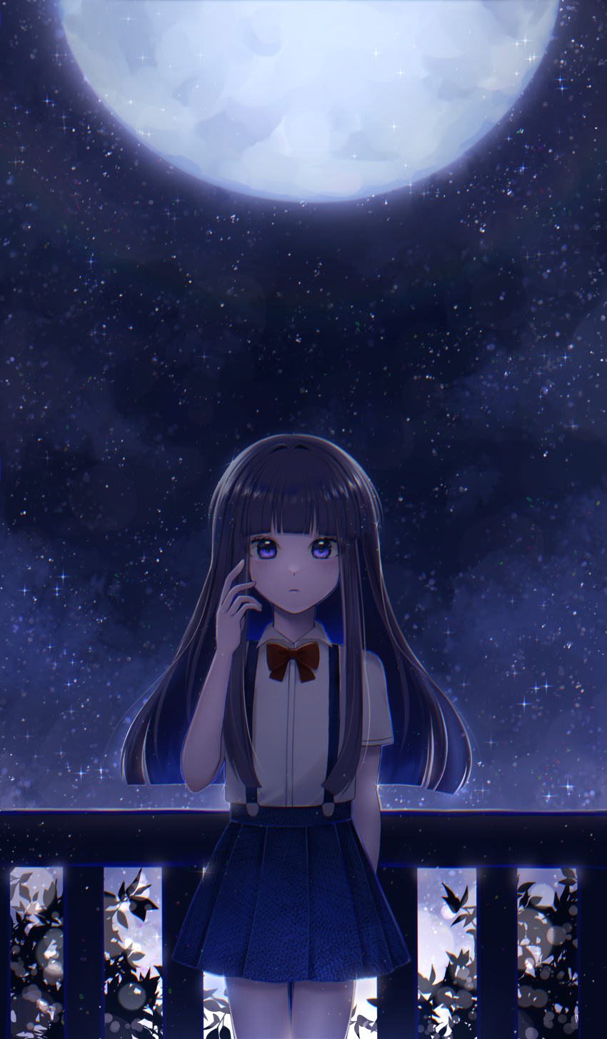 1girl, absurdres, bangs, black_hair, blue_hair, blue_skirt, blunt_bangs, bow