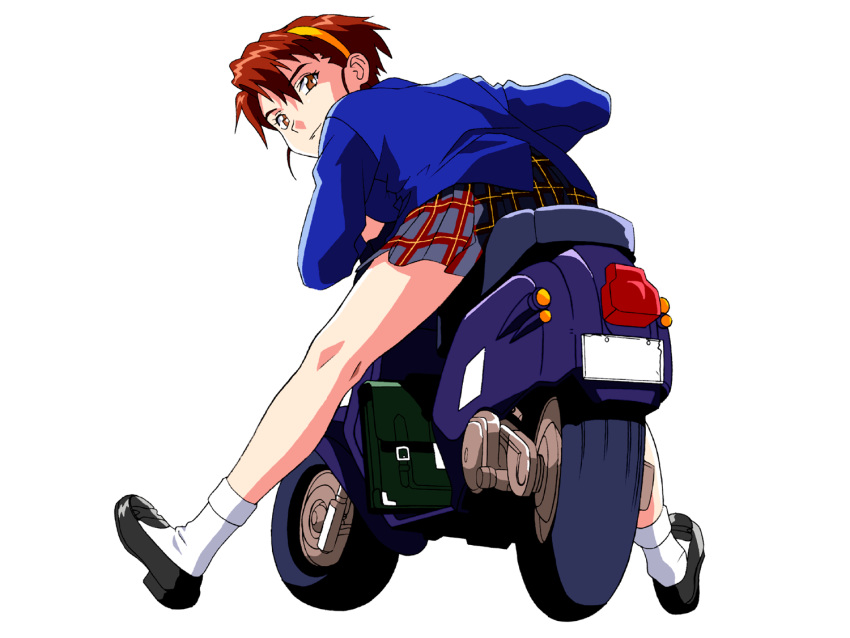 1990s_(style), 1girl, brown_eyes, brown_hair, hairband, looking_at_viewer, looking_back, mary_janes, motorized_scooter, plaid, plaid_skirt, school_uniform, shoes, skirt, takiguchi_shouko, white_legwear, yamada_masaki, zenkoku_seifuku_bishoujo_grand_prix