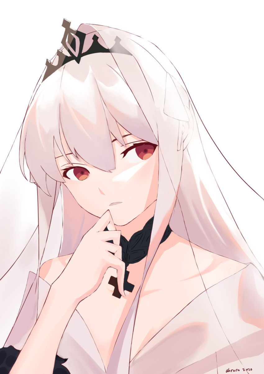 1girl, ahrara, braid, bridal_veil, clip_studio_paint_(medium), cross, cross_necklace, crown_braid, dress, finger_to_mouth, girls_frontline, hand_to_own_mouth, highres, jewelry, kar98k_(girls_frontline), long_hair, looking_at_viewer, necklace, red_eyes, silver_hair, solo_focus, veil, wedding_dress, white_background, white_hair