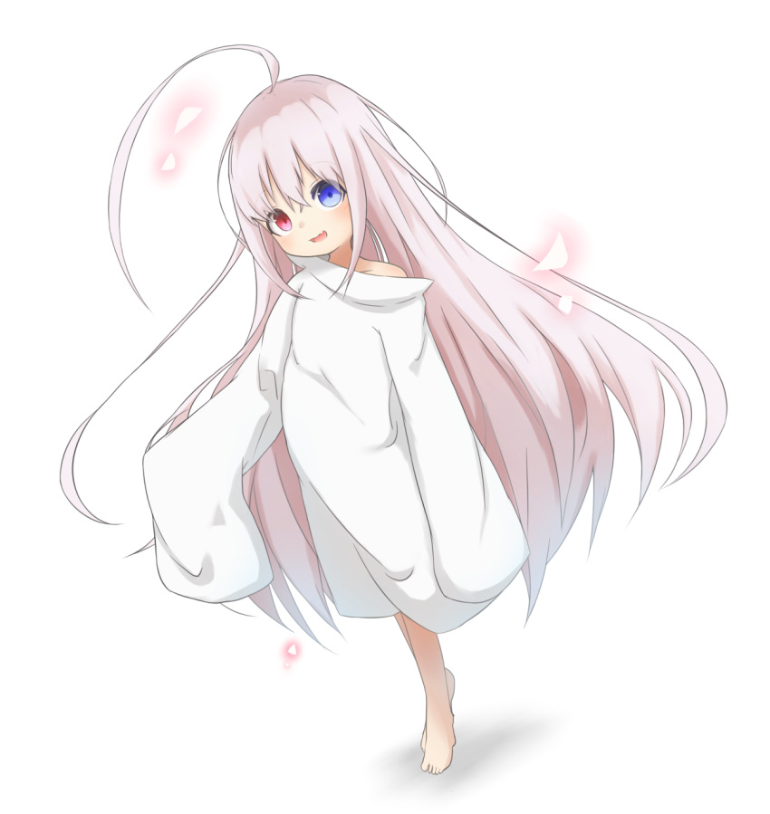 1girl, :d, ahoge, bangs, bare_shoulders, barefoot, blue_eyes, clip_studio_paint_(medium)
