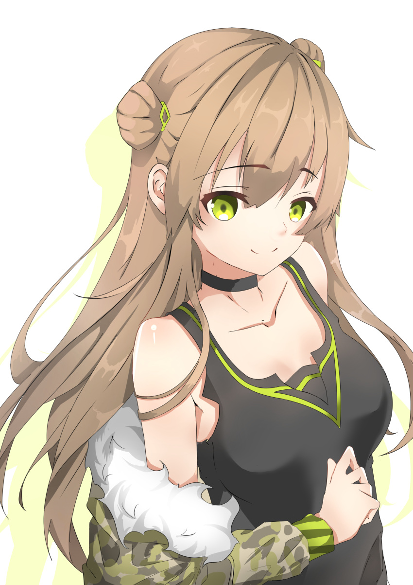 1girl, absurdres, ahrara, black_choker, black_shirt, bow, breasts, brown_hair