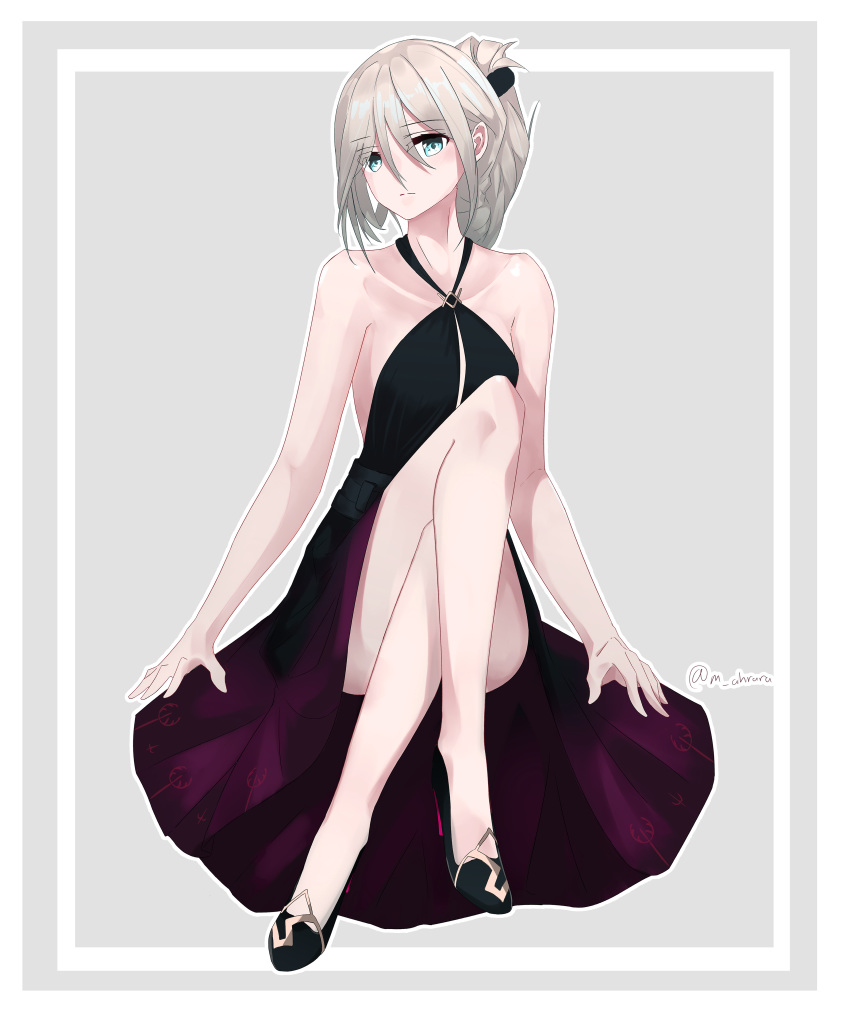 1girl, absurdres, ahrara, an-94_(girls_frontline), artist_name, bare_shoulders, black_dress, black_footwear