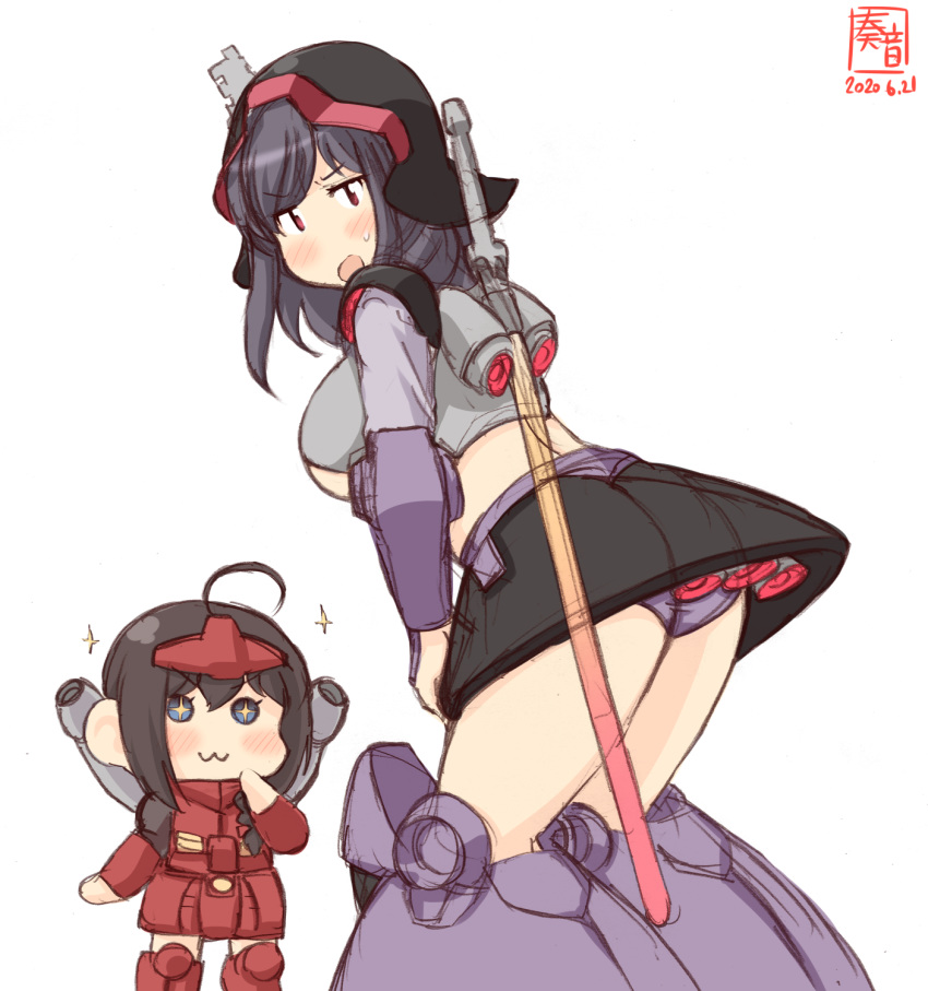 2girls, :3, ahoge, alternate_costume, artist_logo, beam_saber, black_hair, blue_eyes