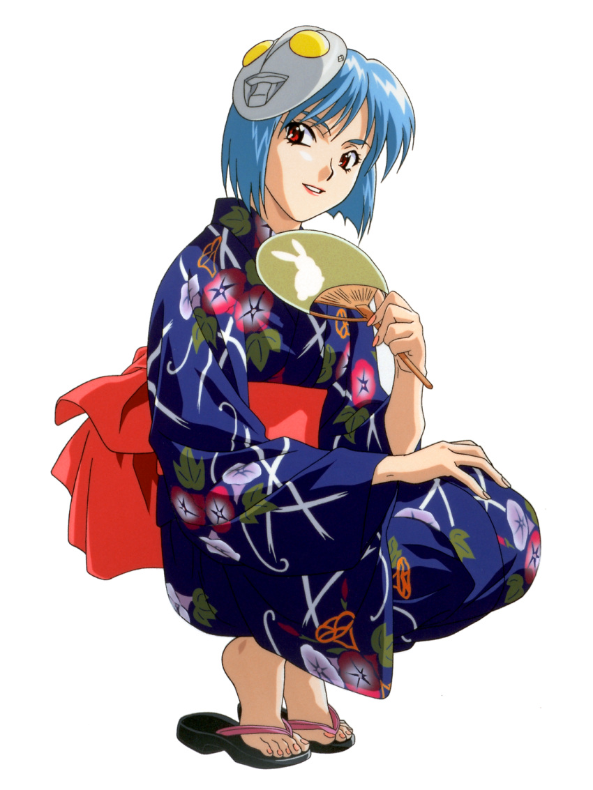 1990s_(style), 1girl, barefoot, barefoot_sandals, belt, blue_hair, blue_kimono, fan