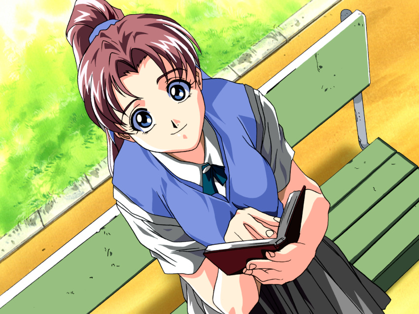 1990s_(style), 1girl, bench, blue_eyes, blue_hairband, blue_neckwear, book, brown_hair