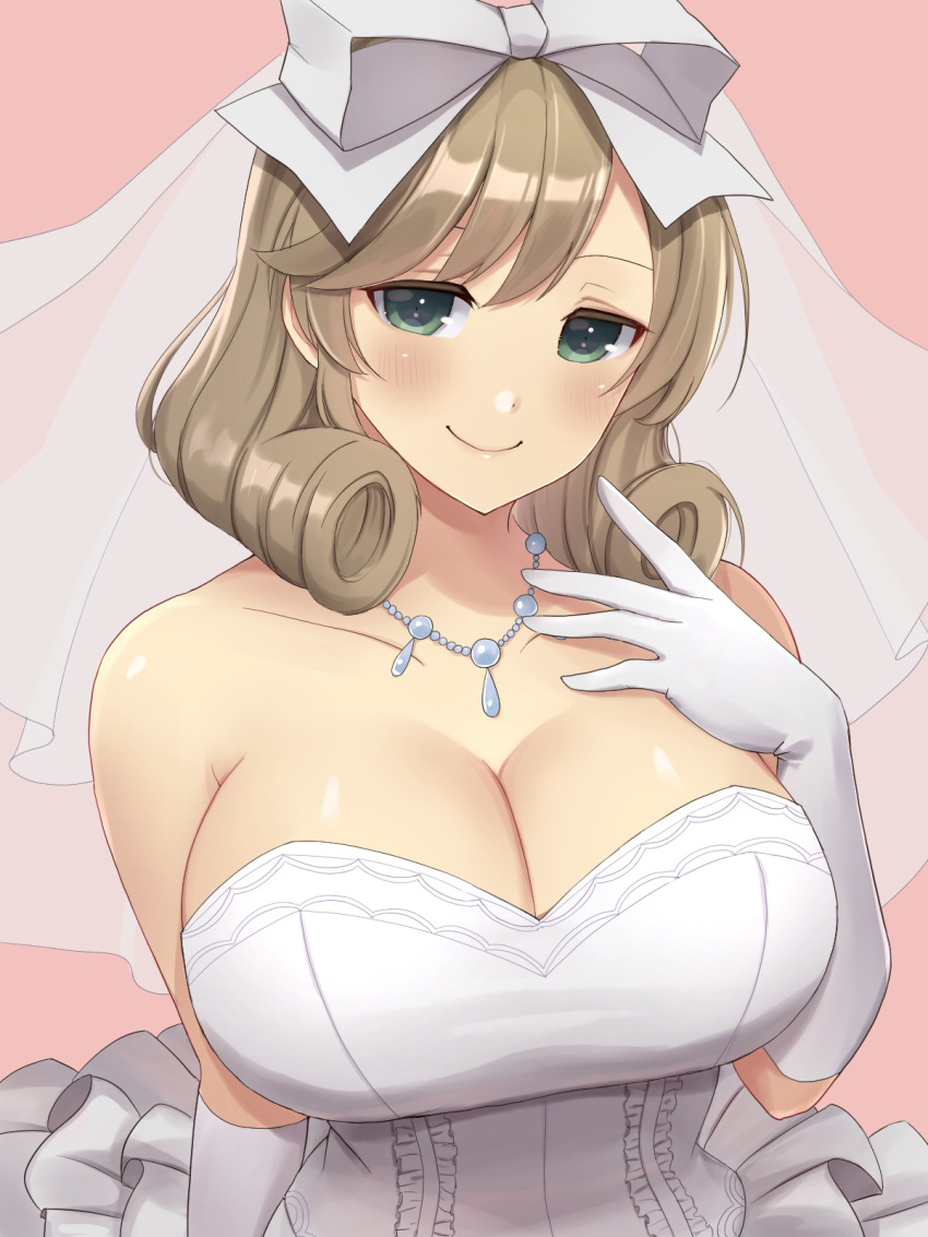 1girl, breasts, bride, brown_hair, collarbone, commentary_request, dress, elbow_gloves