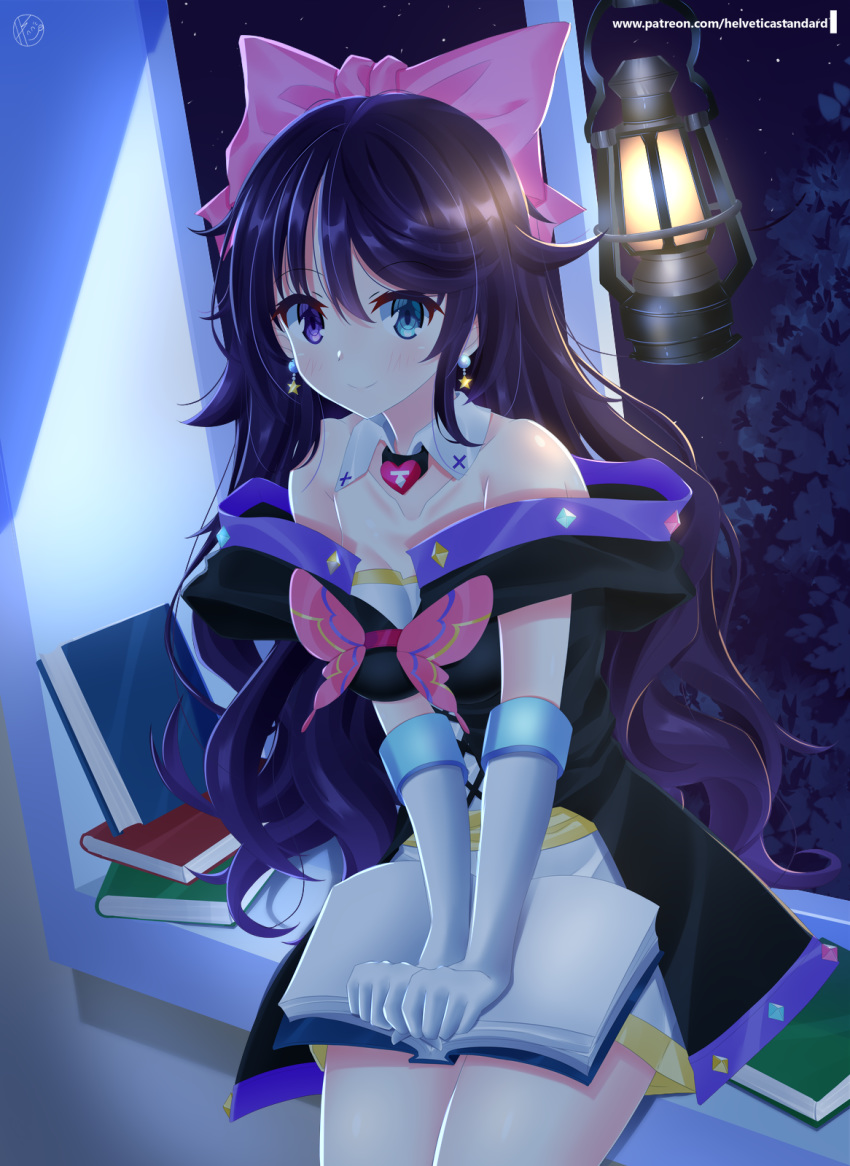 1girl, bangs, bare_shoulders, black_dress, black_hair, blue_eyes, blush, book