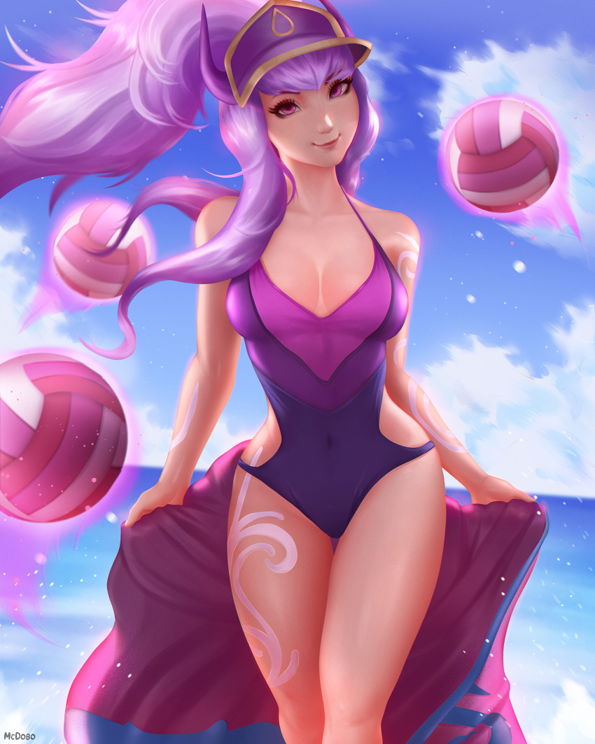 1girl, ball, bangs, blue_sky, blurry, blurry_background, breasts, breasts_apart