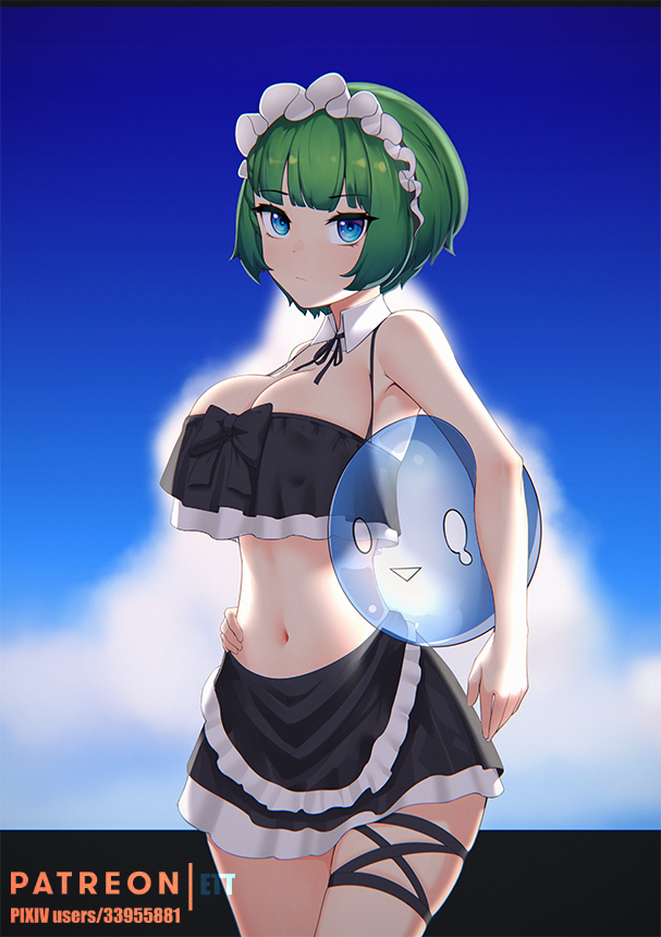 1girl, ball, bangs, beachball, blue_eyes, braid, breasts, clip_studio_paint_(medium), clouds, crown_braid, day, ett01024, green_hair, large_breasts, last_origin, looking_at_viewer, maid, maid_headdress, navel, outdoors, short_hair, sky, solo, swimsuit, vanilla_a1