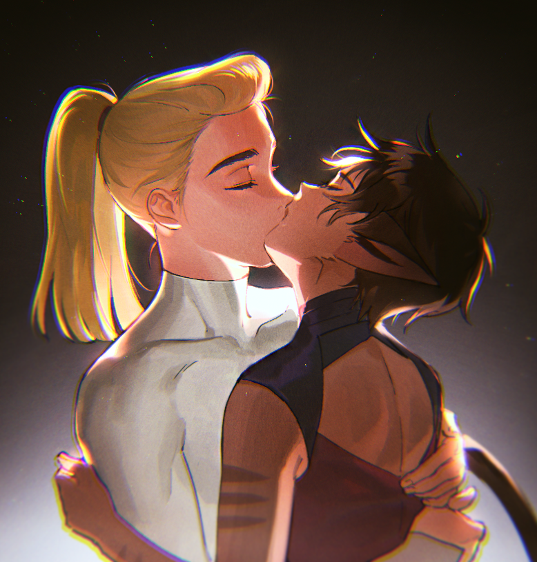 2girls, adora_(she-ra), animal_ears, blonde_hair, brown_hair, cat_ears, cat_girl, cat_tail, catra, closed_eyes, hands_on_another's_back, holding_another, kiss, kotneciii, multiple_girls, ponytail, she-ra_and_the_princesses_of_power, short_hair, simple_background, tail, yuri
