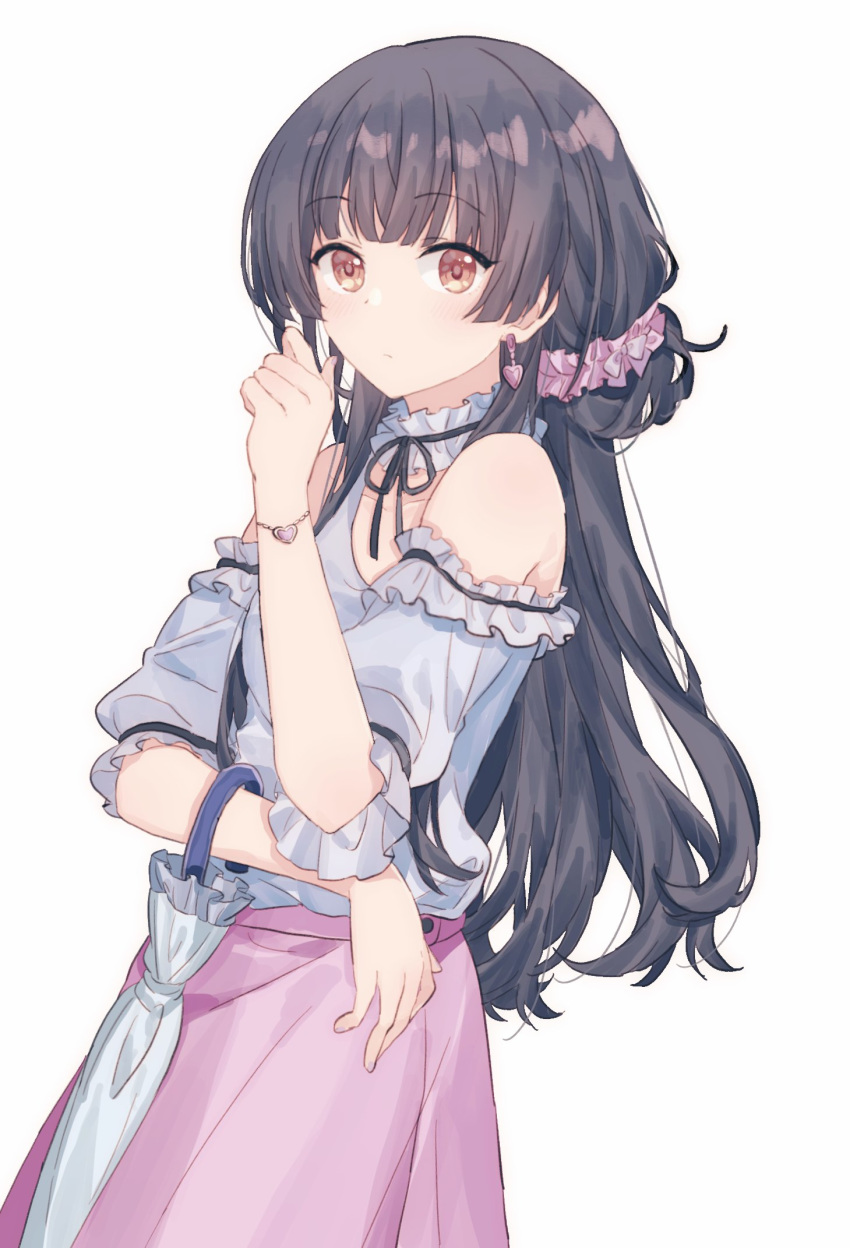 1girl, black_hair, blouse, bow, bracelet, choker, earrings, eyebrows_visible_through_hair