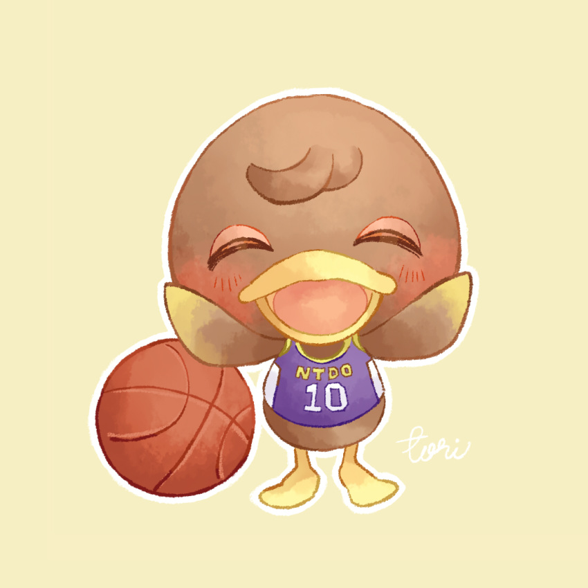 1boy, artist_name, ball, basketball, bird, blush, closed_eyes, doubutsu_no_mori, duck, furry, mata, open_mouth, piitan_(doubutsu_no_mori), solo, yellow_background
