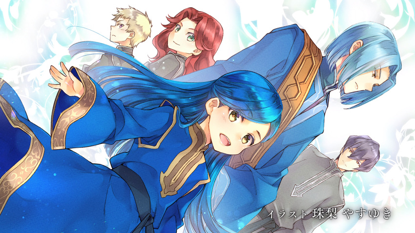 2girls, 3boys, :d, blonde_hair, blue_hair, blue_robe, delia_(honzuki_no_gekokujou), dutch_angle
