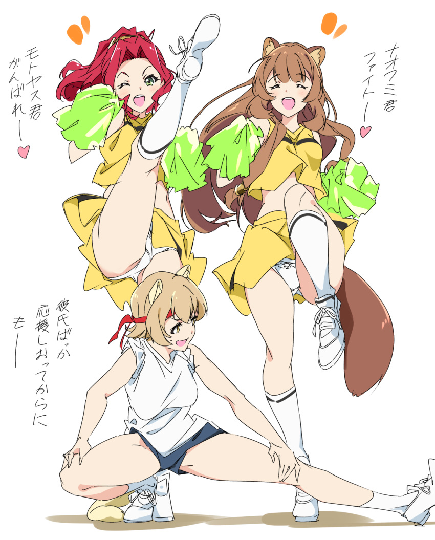 3girls, animal_ear_fluff, animal_ears, bangs, blonde_hair, blush, breasts, brown_hair
