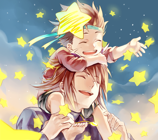 2boys, brown_hair, carrying, closed_eyes, father_and_son, happy, headband, itou_(hgrk310), jewelry, kratos_aurion, lloyd_irving, male_focus, multiple_boys, necklace, pendant, sitting_on_shoulder, smile, star_(symbol), tales_of_(series), tales_of_symphonia, younger