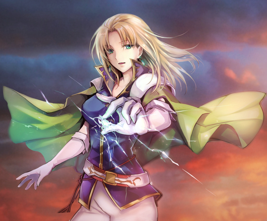 1girl, bangs, belt, blonde_hair, blue_sky, breasts, cape, celina_(fire_emblem), clouds, cloudy_sky, commentary, cowboy_shot, dress, earrings, elbow_gloves, electricity, eyebrows_visible_through_hair, fire_emblem, fire_emblem:_the_sacred_stones, gloves, green_cape, green_eyes, highres, jewelry, looking_at_viewer, magic, medium_breasts, medium_hair, mintes, orange_sky, outdoors, parted_bangs, parted_lips, purple_vest, sky, solo, vest, white_dress, white_gloves, wind