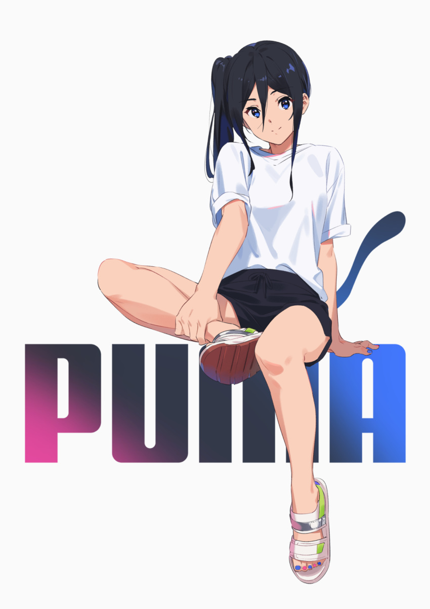 1girl, alternate_hairstyle, black_hair, black_shorts, blue_eyes, casual, full_body, hair_between_eyes