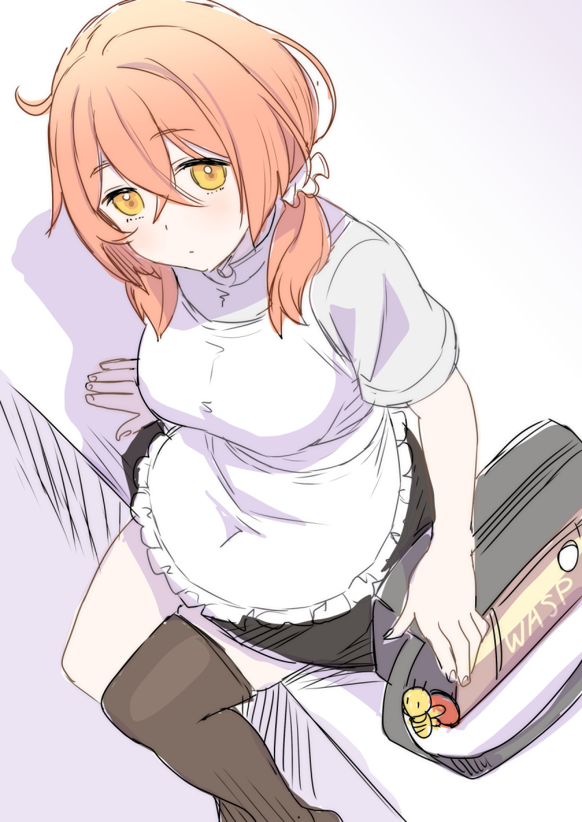 1girl, apron, bag, bangs, black_legwear, blue_oath, blush, breasts