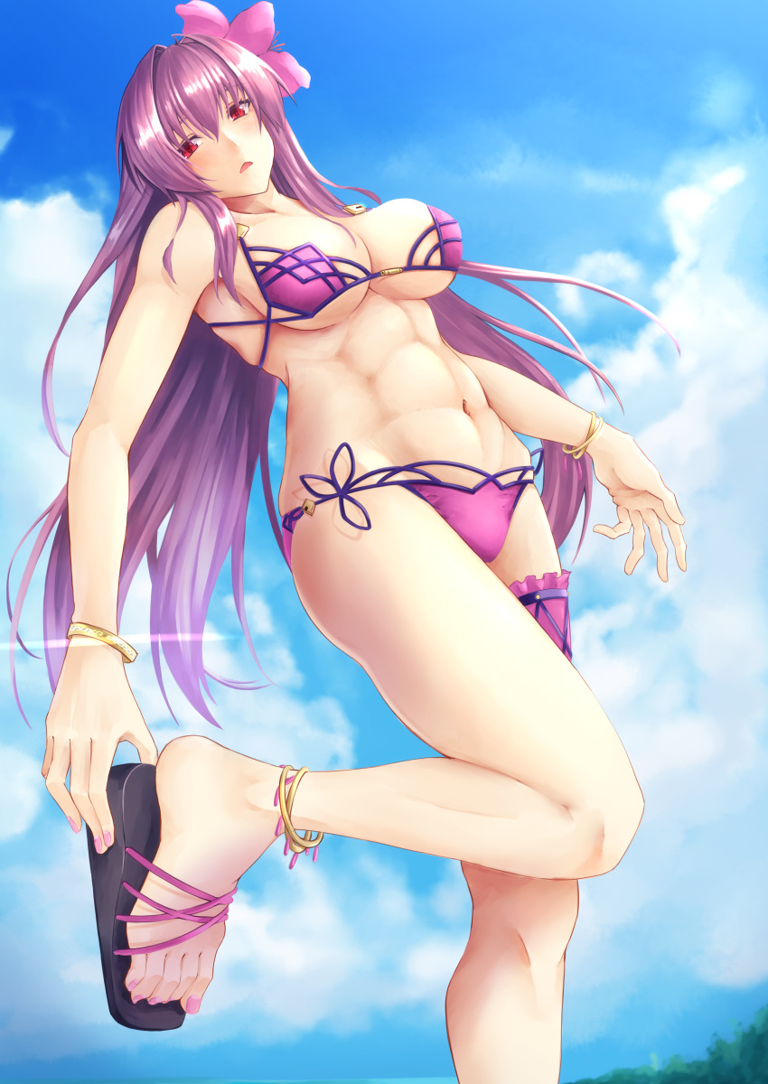1girl, abs, absurdres, adjusting_footwear, alternate_costume, bikini, bracelet, breasts