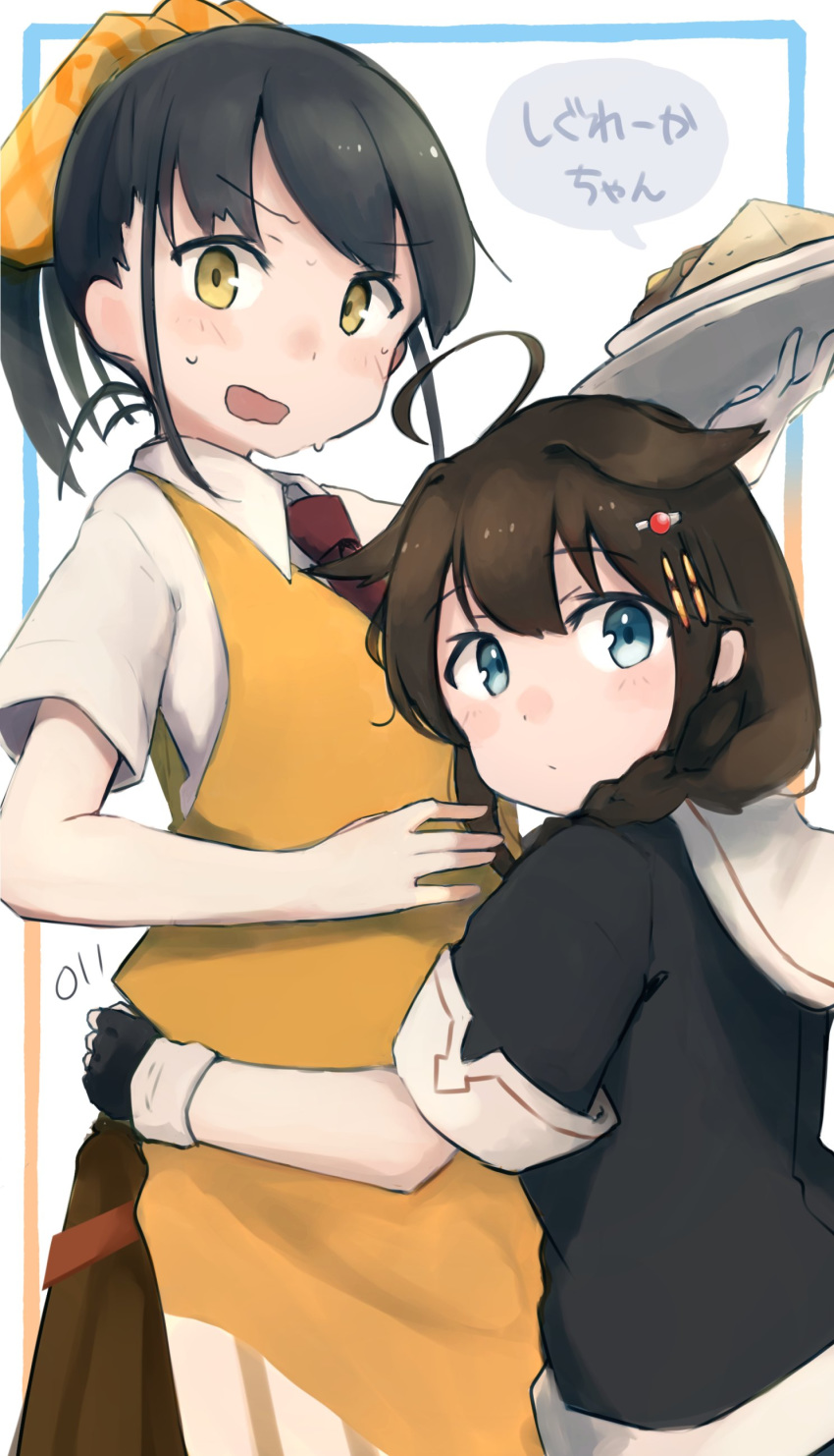 2girls, absurdres, ahoge, black_gloves, black_hair, black_serafuku, blue_eyes, blush