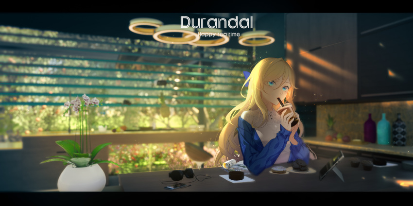 1girl, absurdres, bianka_durandal_ataegina, blonde_hair, blue_bow, blue_eyes, bow, casual