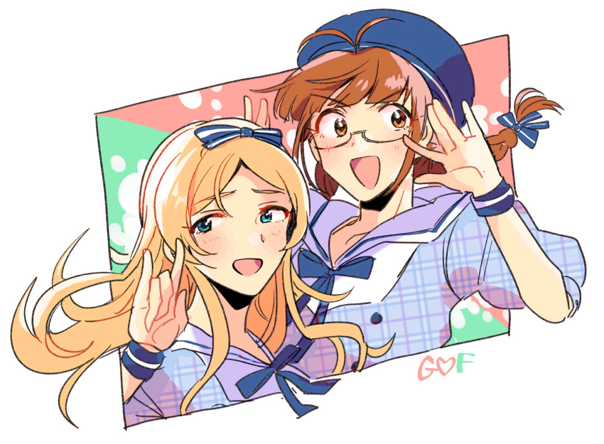 2girls, akizuki_ritsuko, bangs, blonde_hair, blue_bow, blue_eyes, blue_headwear, blue_neckwear, blush, bow, braid, forehead, glasses, hair_bow, hat, highres, hiziki723, idolmaster, idolmaster_(classic), idolmaster_million_live!, idolmaster_million_live!_theater_days, long_hair, multiple_girls, open_mouth, puffy_sleeves, shinomiya_karen, smile, song_name, twin_braids, upper_body, waving